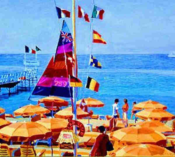Orange umbrellas and a sail at Carlton by Christopher Gerlach