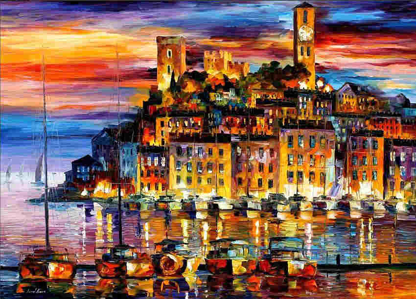 Le port et le Suquet &agrave; Cannes, le soir  par L&eacute;onid Afremov
