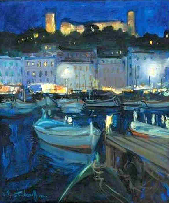 Port de Cannes la  nuit et le Suquet par Serge Kislakoff